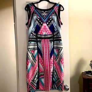 Antonio Melani sleeveless dress.  Pink/blue/white with black ribbon detail.